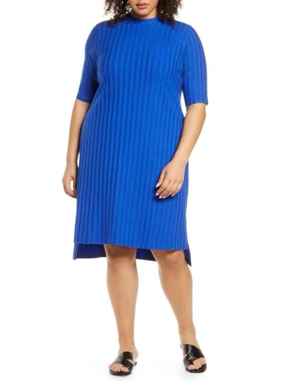 Eileen Fisher Cobalt Blue Wide Ribbed Stretchy Mockneck Shift Dress Size 3X